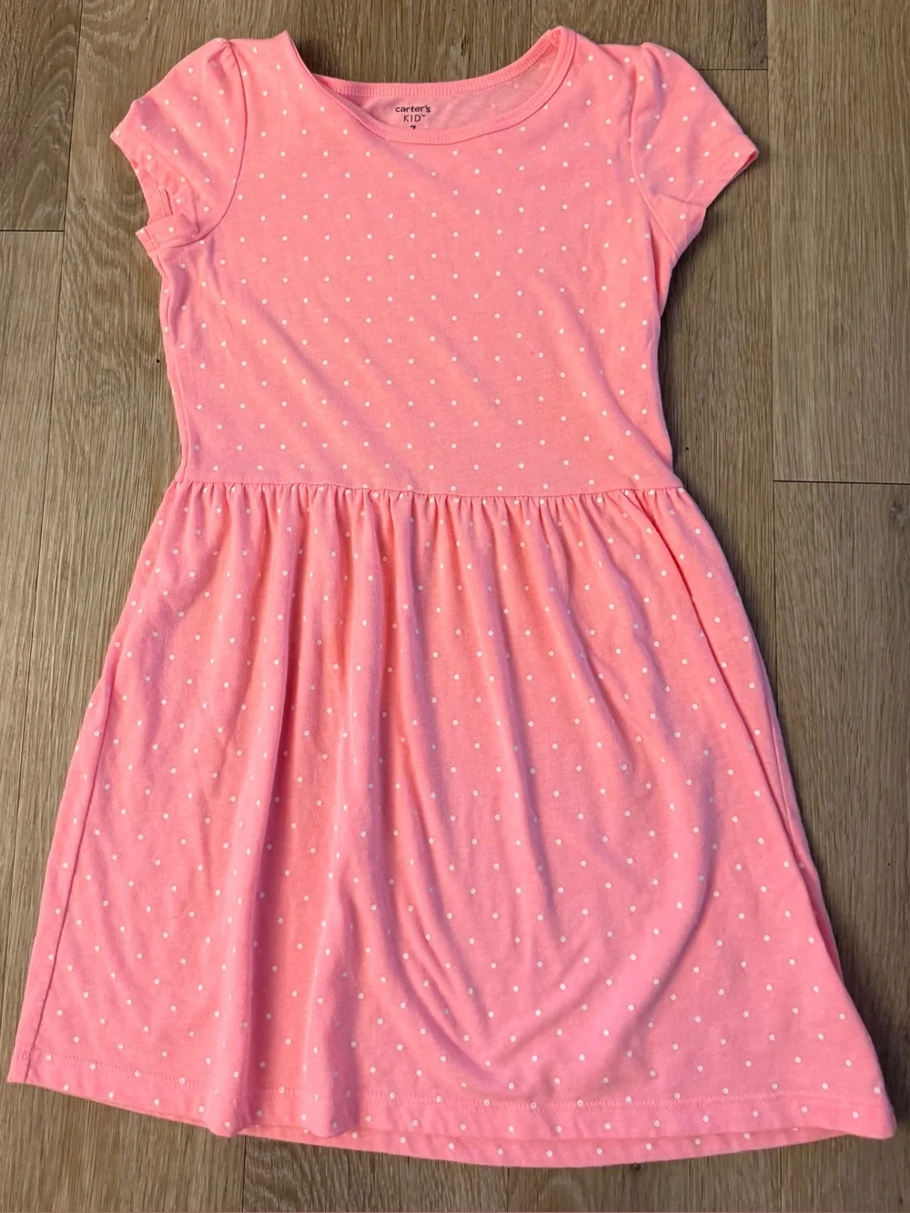 Carter's Girl's Size 7 Coral Pink & White Polka Dot Short Sleeve Casual Dress